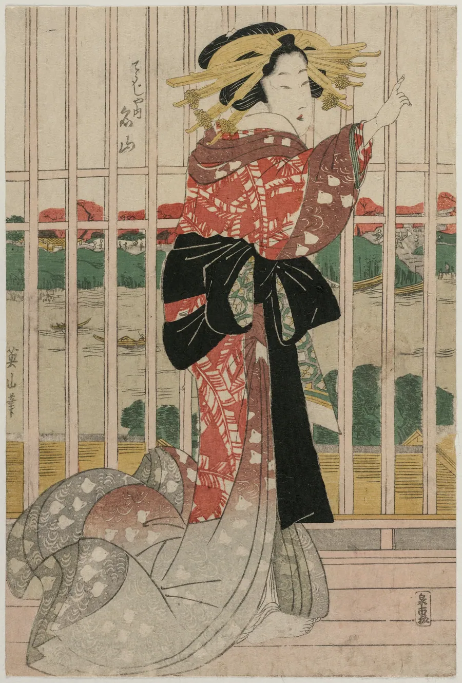 The Courtesan Meizan of the Chojiya on a Balcony Overlooking the Sumida River by Kikukawa Eizan