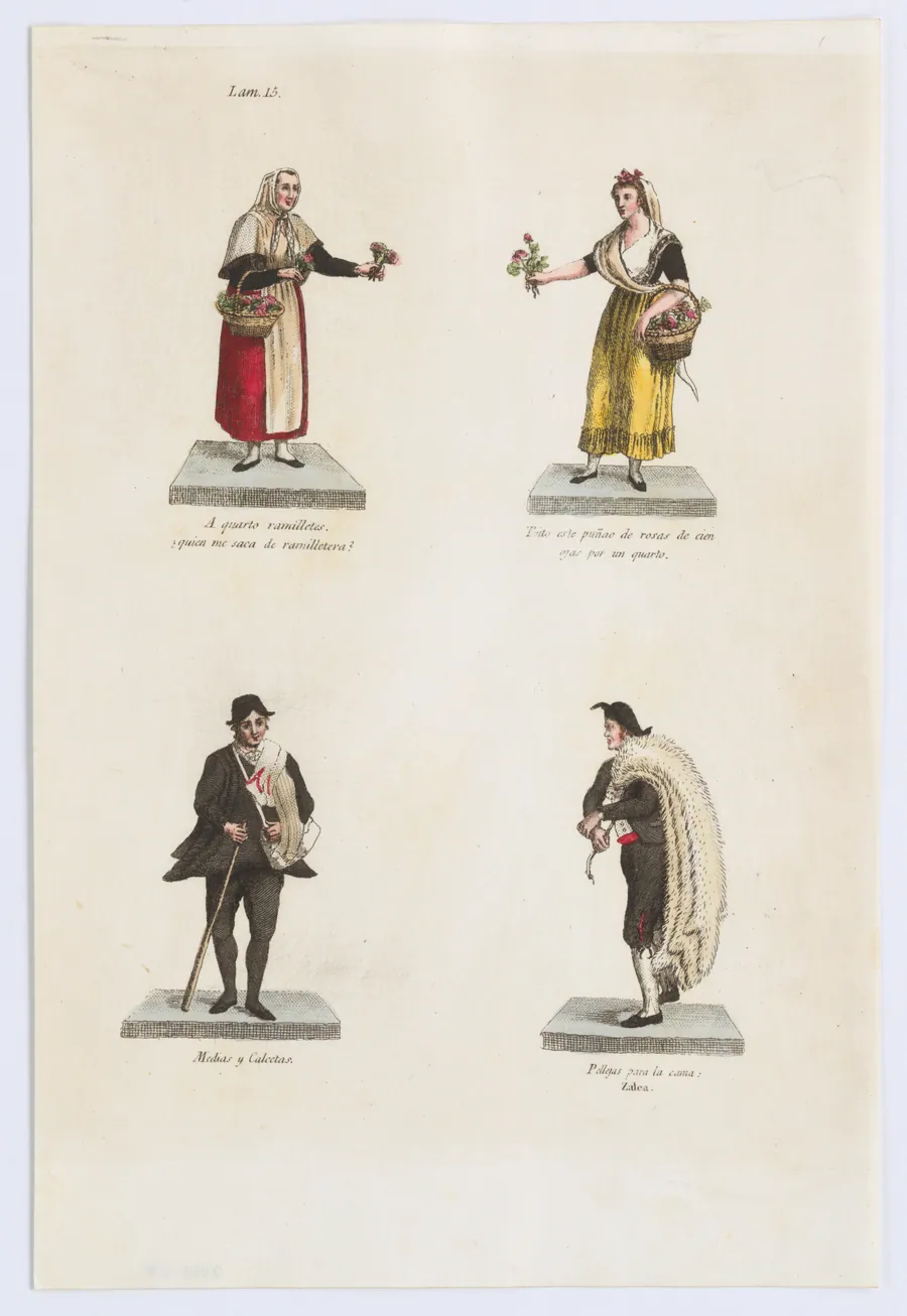 Plate 15: four street vendors from Madrid selling flowers, socks, and skins, from 'Los Gritos de Madrid' (The Cries of Madrid) by Miguel Gamborino