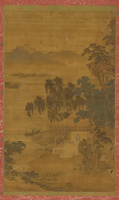 River landscape: a man in a pavilion under large trees