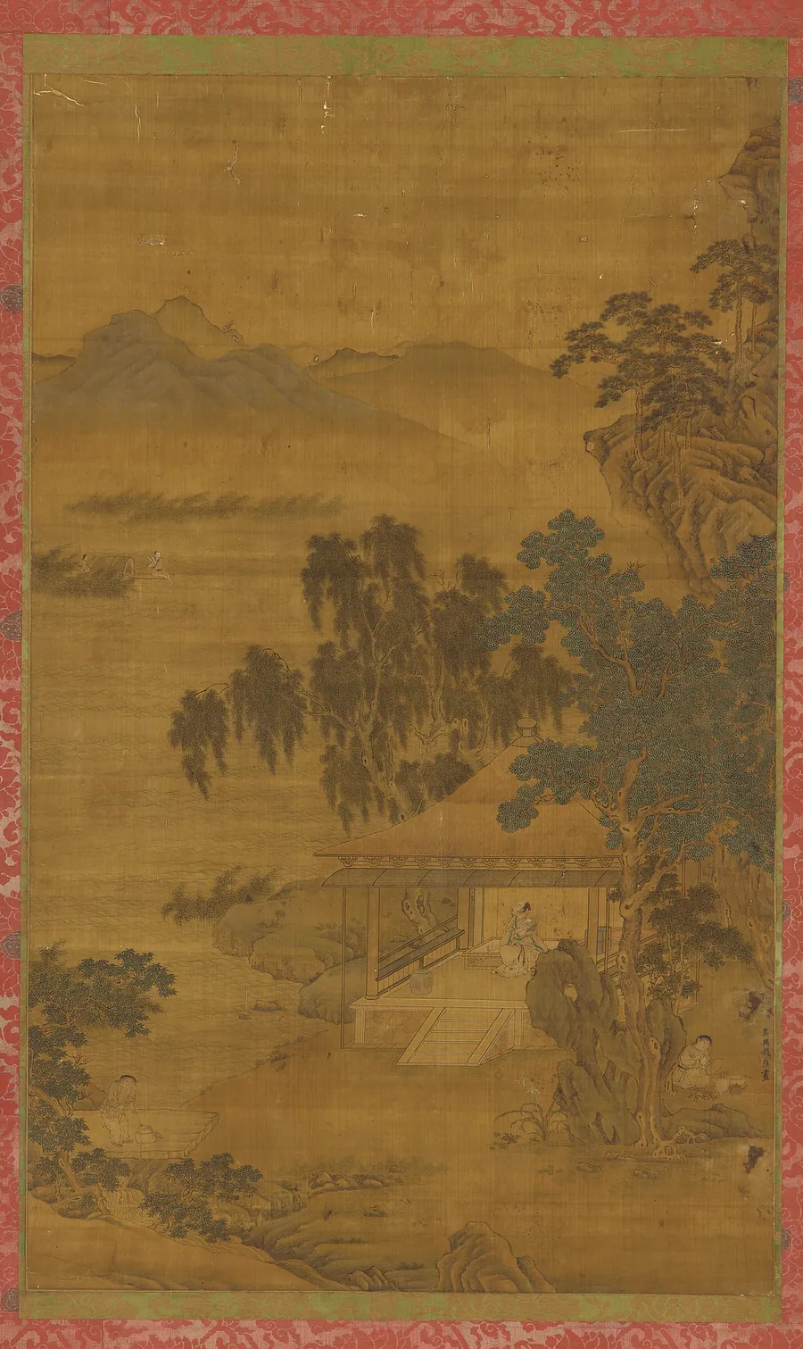 River landscape: a man in a pavilion under large trees by Formerly attributed to Zhao Yong 趙雍 (1291-1361)