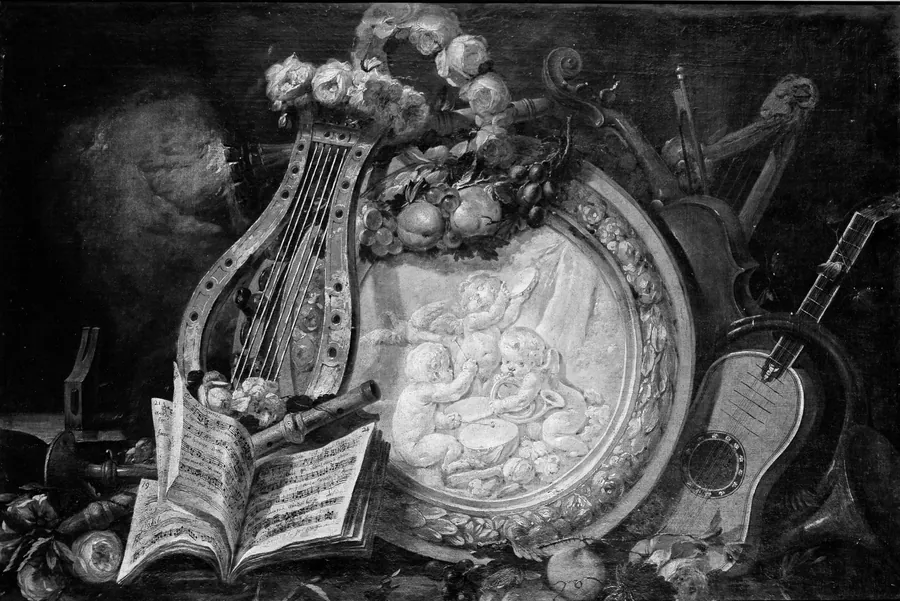 Putti Musicians in a Medallion, Surrounded by Musical Attributes, Flowers, and Fruit by Anne Vallayer-Coster