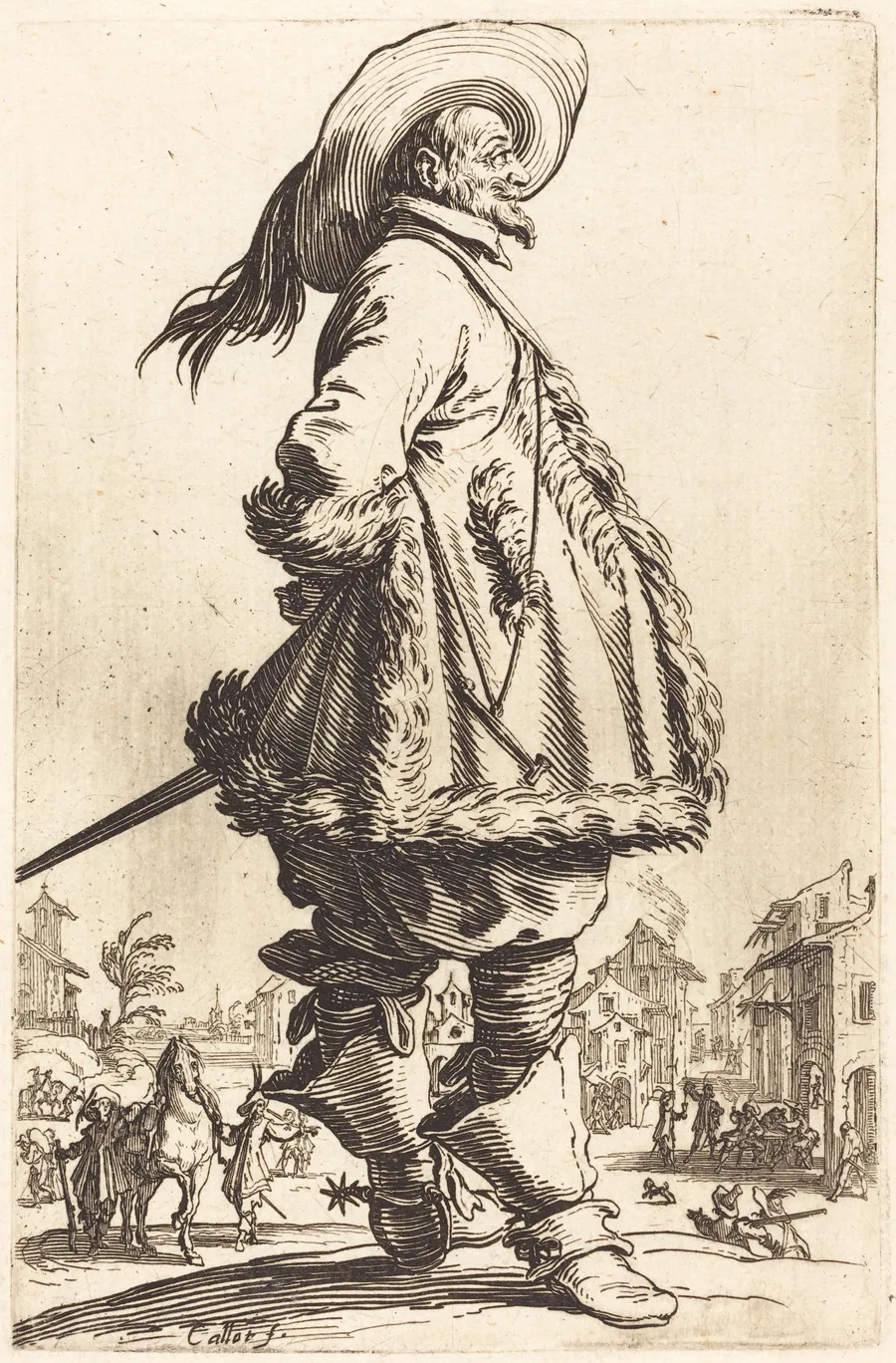 Noble Man with Mantle Trimmed in Fur,  Holding his Hands Behind his Back by Jacques Callot