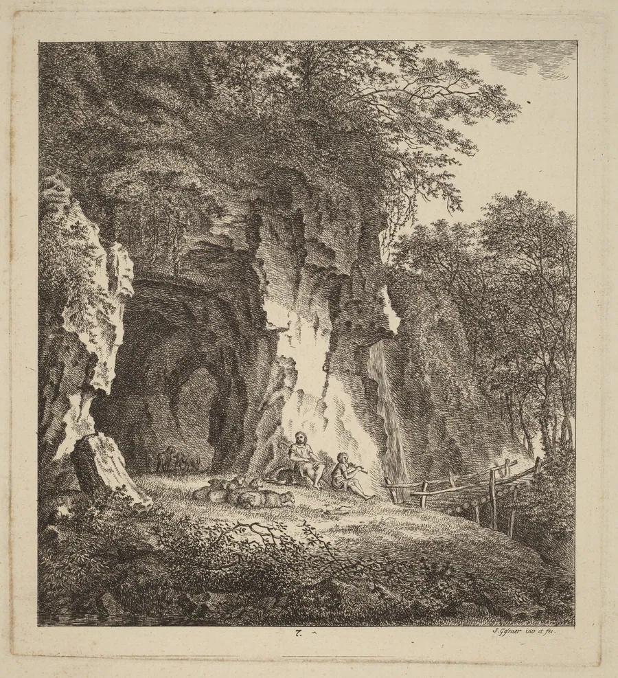 Two Shepherds in a Rocky Landscape by Salomon Gessner