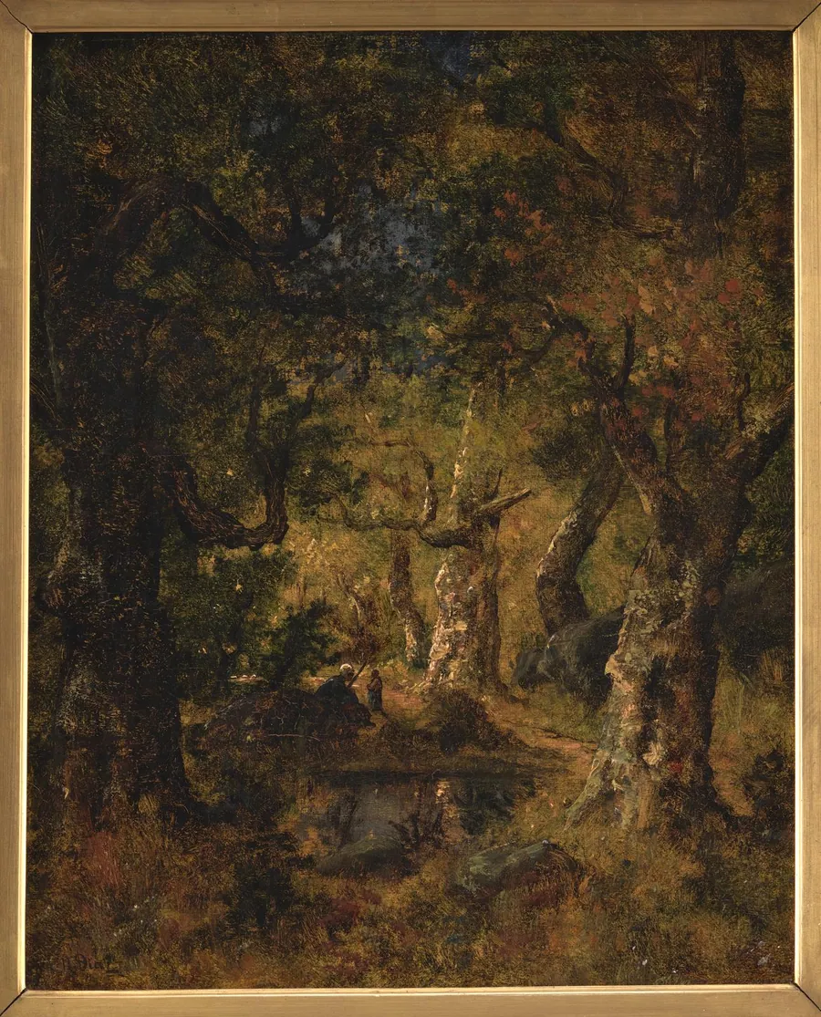 Skovinteriør med sø og figurer by Narcisse Virgile Diaz de la Peña