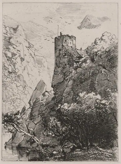 Watchtower on a Cliff with a Stream