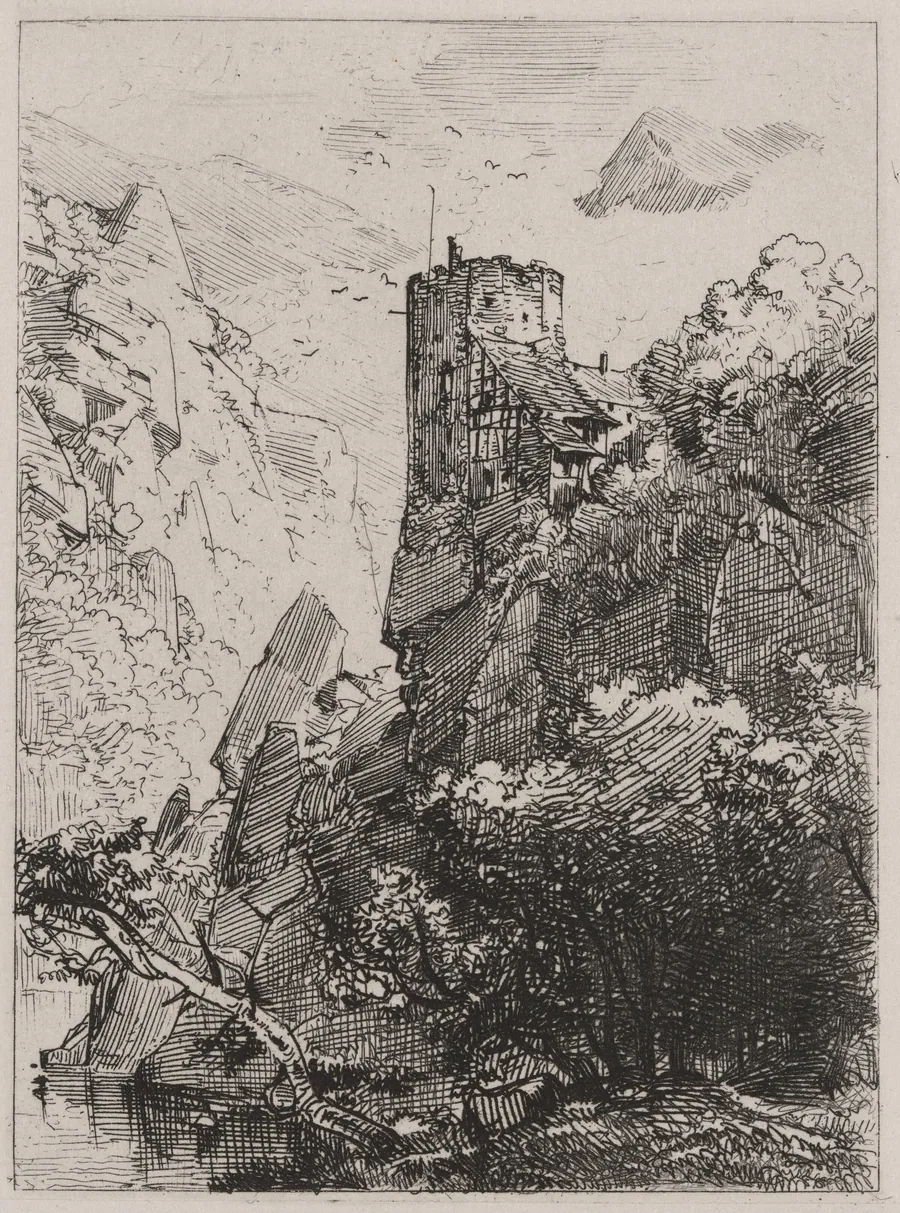 Watchtower on a Cliff with a Stream by Caspar Johann Nepomuk Scheuren