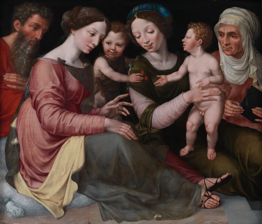 Den hellige familie med den lille Johannes, Skt. Elisabeth (Johannes' moder) og Skt. Anna (Marias moder) by Vincent Sellaer
