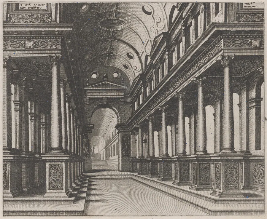 Interior of a Church with a Statue in the Far Background by Lucas van Doetechum