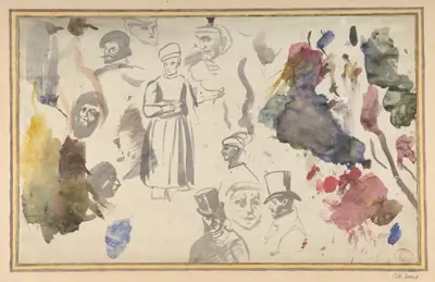 Studies of male heads and a standing male figure