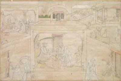 Bhima’s consultation with the astrologer, from a Nala-Damayanti