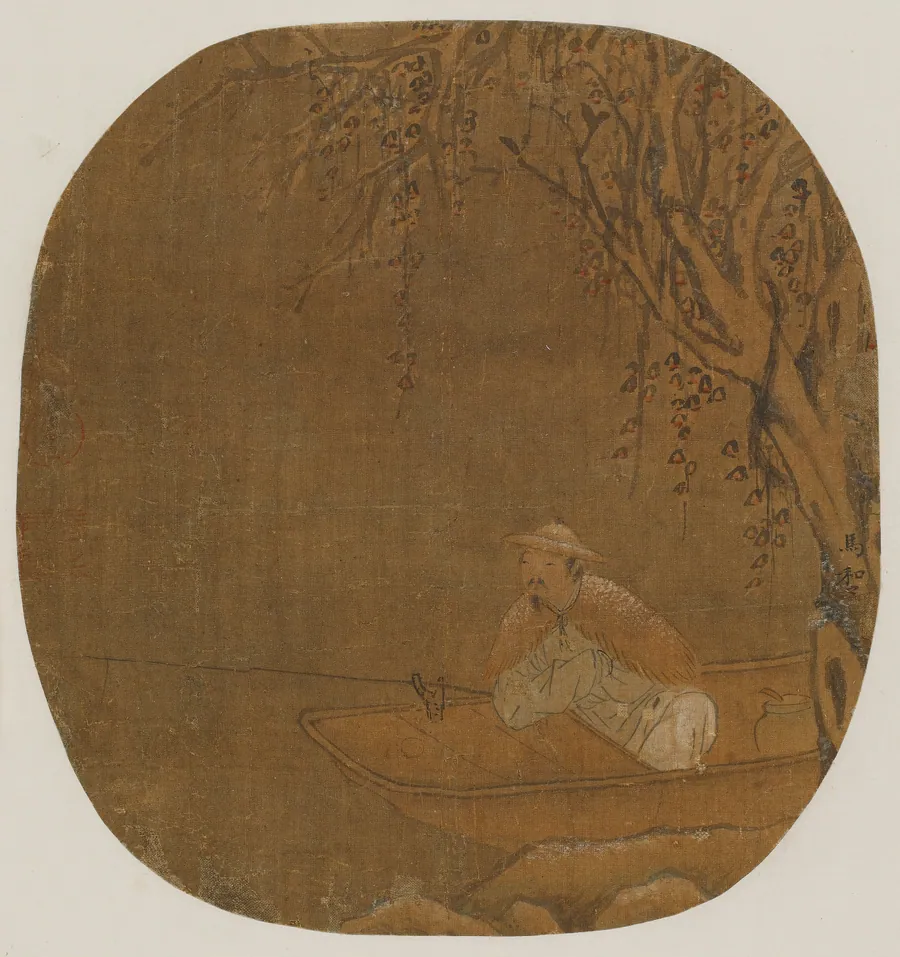 Man fishing from a boat under a tree by Formerly attributed to Ma Hezhi 馬和之 (active mid- to late 12th century)