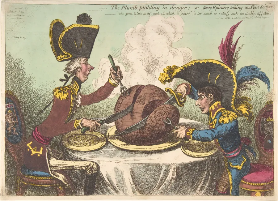 The Plumb-Pudding in Danger;–or–State Epicures Taking un Petit Souper by James Gillray