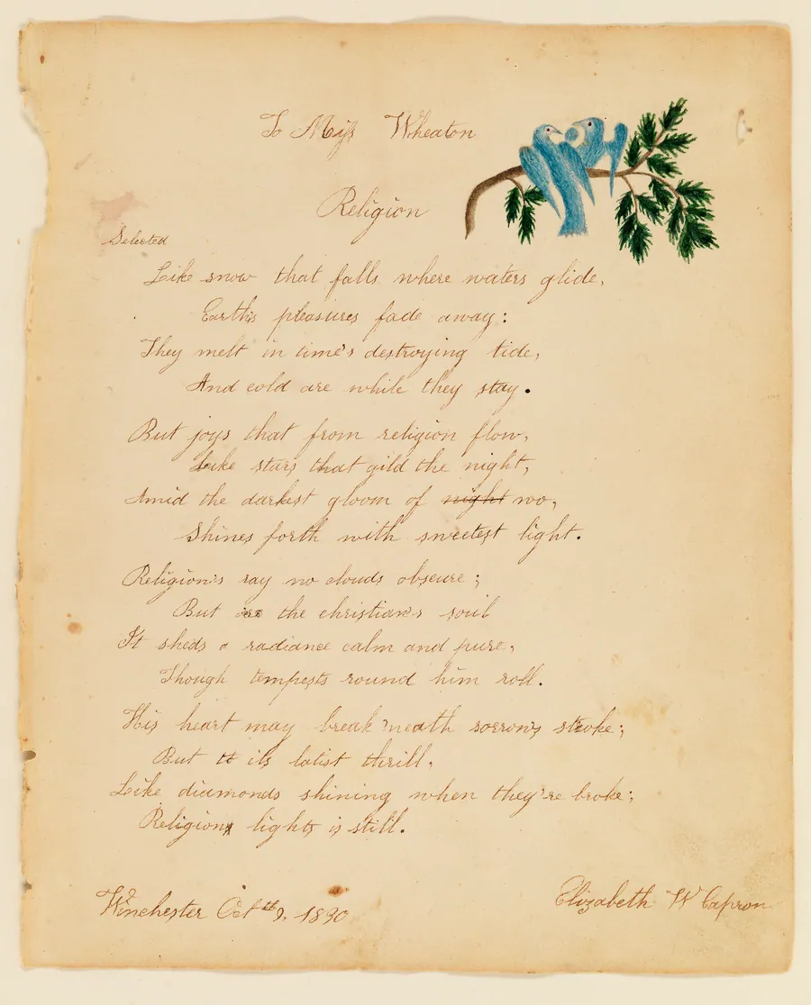 To Miss Wheaton; Religion by Elizabeth W. Capron, born Worcester, MA 1803-died ?