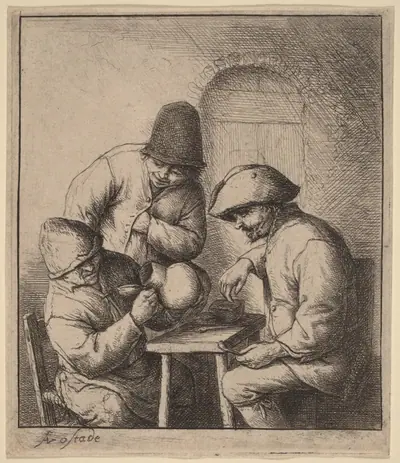Three Peasants at an Inn, One Looking Down a Jug