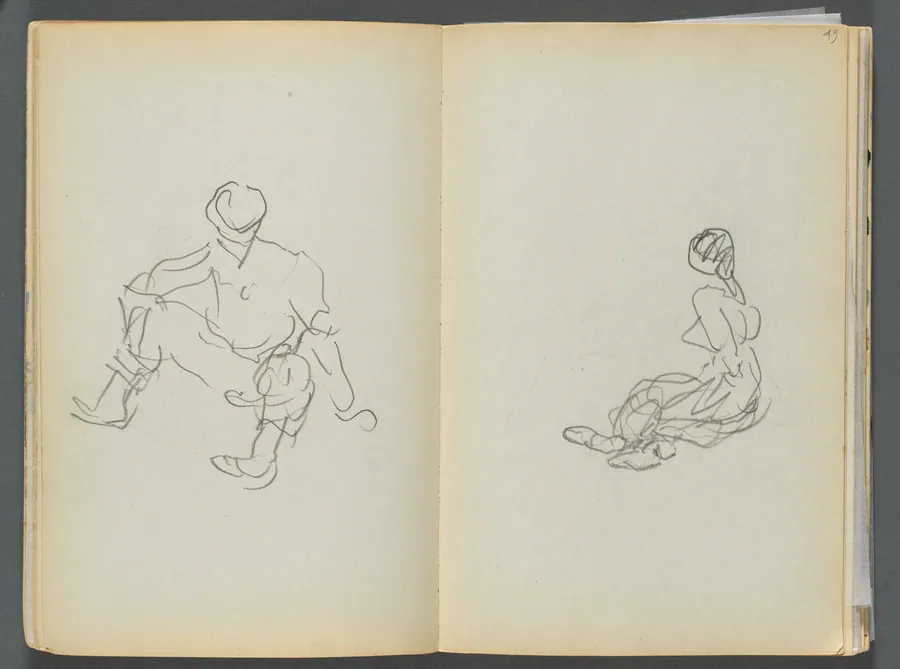 Sketchbook- The Granite Shore Hotel, Rockport, page 044 & 45: Male and Female Seated Figures by Maurice Prendergast