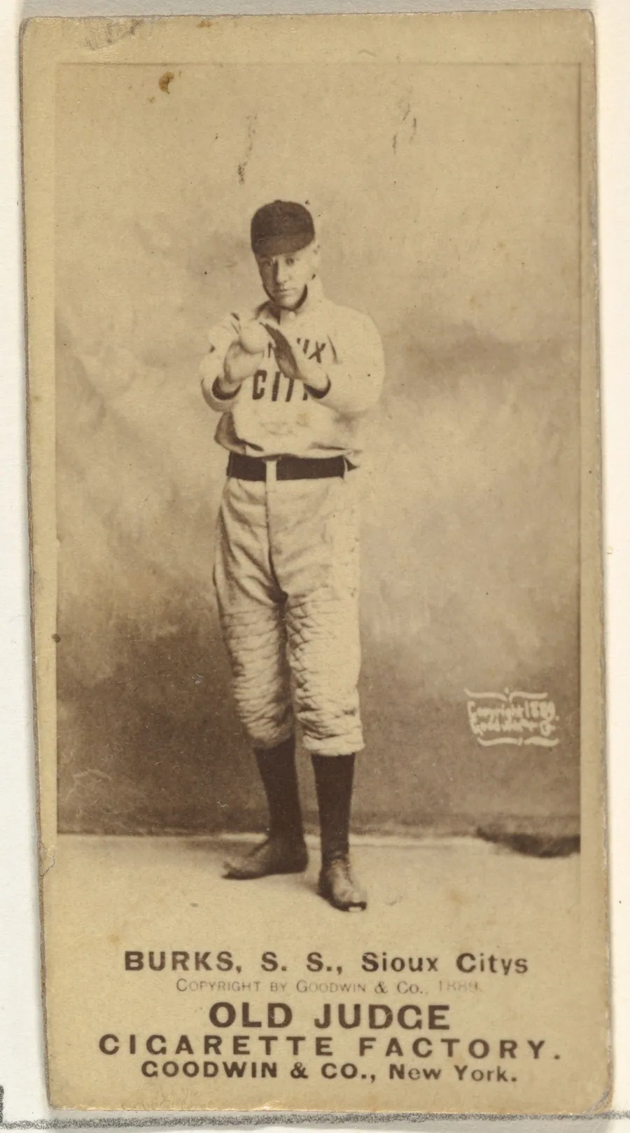 Robert E. Burks, Shortstop, Sioux City Corn Huskers, from the Old Judge series (N172) for Old Judge Cigarettes by Goodwin & Company