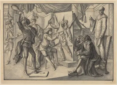 Mezzetin "Paints" a Portrait of Cupid by Cutting the Canvas to Reveal Harlequin