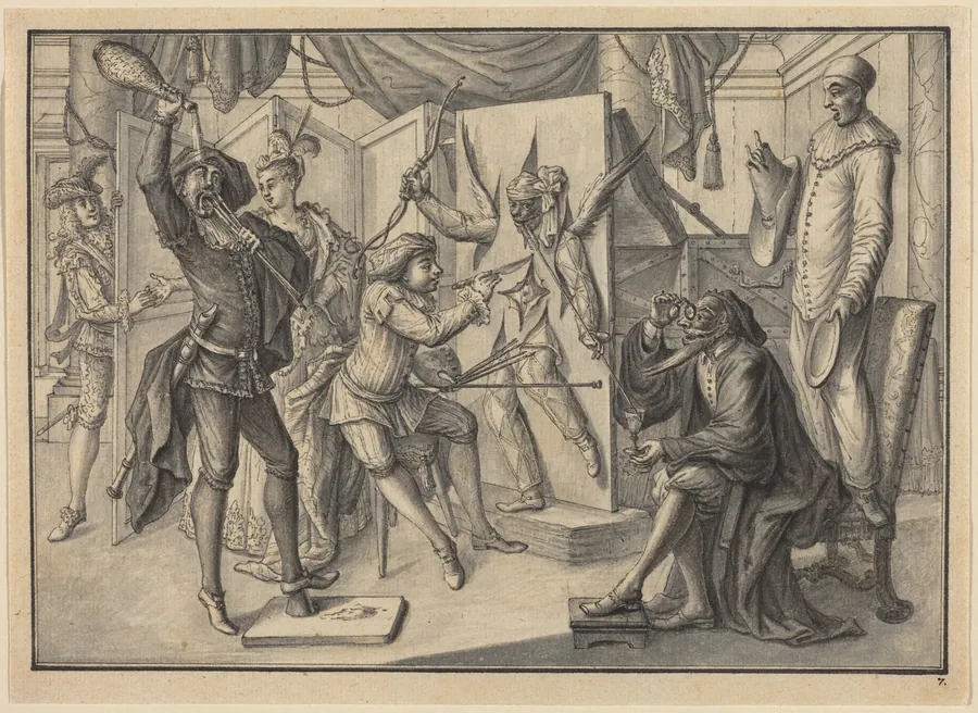 Mezzetin "Paints" a Portrait of Cupid by Cutting the Canvas to Reveal Harlequin by Johann Jacob Schübler