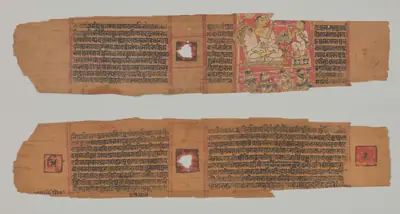 Folio 2 from a Parshvanatha Charitra (Life and Stories of Lord Parshva) of Bhavadeva-suri: Monk preaching to a disciple with a lay audience (recto); Text (verso)