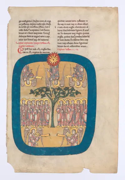 Leaf from a Beatus Manuscript: Angels Restrain the Four Winds; the Angel Ascends from the Rising Sun