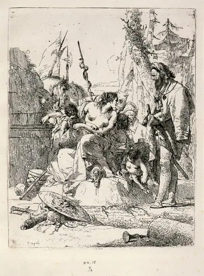 Seated Woman and Standing Man Surrounded by Other Figures and Paraphernalia