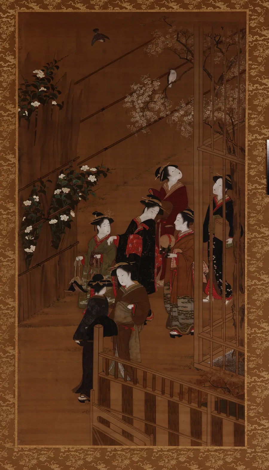 Seven women walking near a football court by Katsukawa Shunsho 勝川春章 (1726-1792)