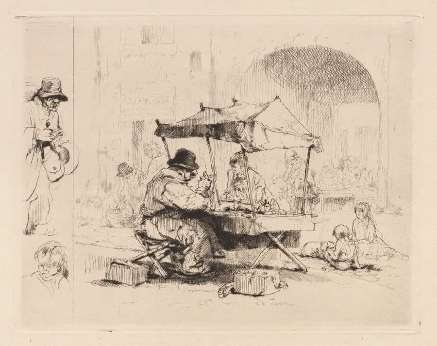 [Merchant in his stall with children playing] by Auguste Brouet
