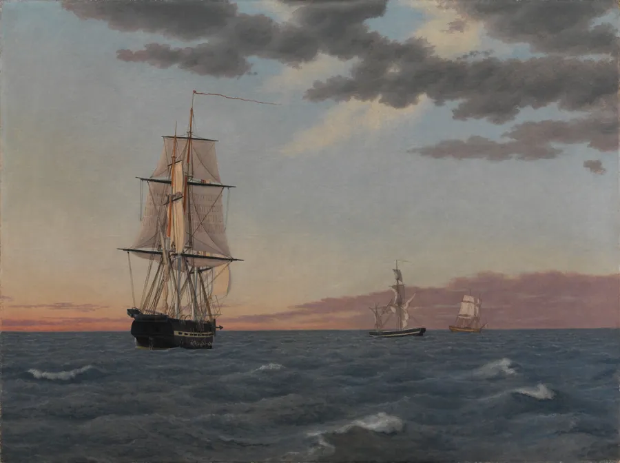 Korvetten "Galathea" ligger underdrejet for at sende hjælp til briggen "St. Jean" som er blevet påsejlet by C.W. Eckersberg