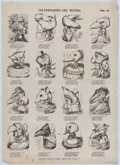 Broadside with 16 caricature figures representing celebrities of the world