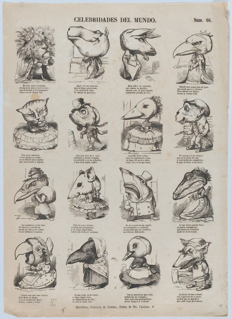 Broadside with 16 caricature figures representing celebrities of the world by Juan Llorens