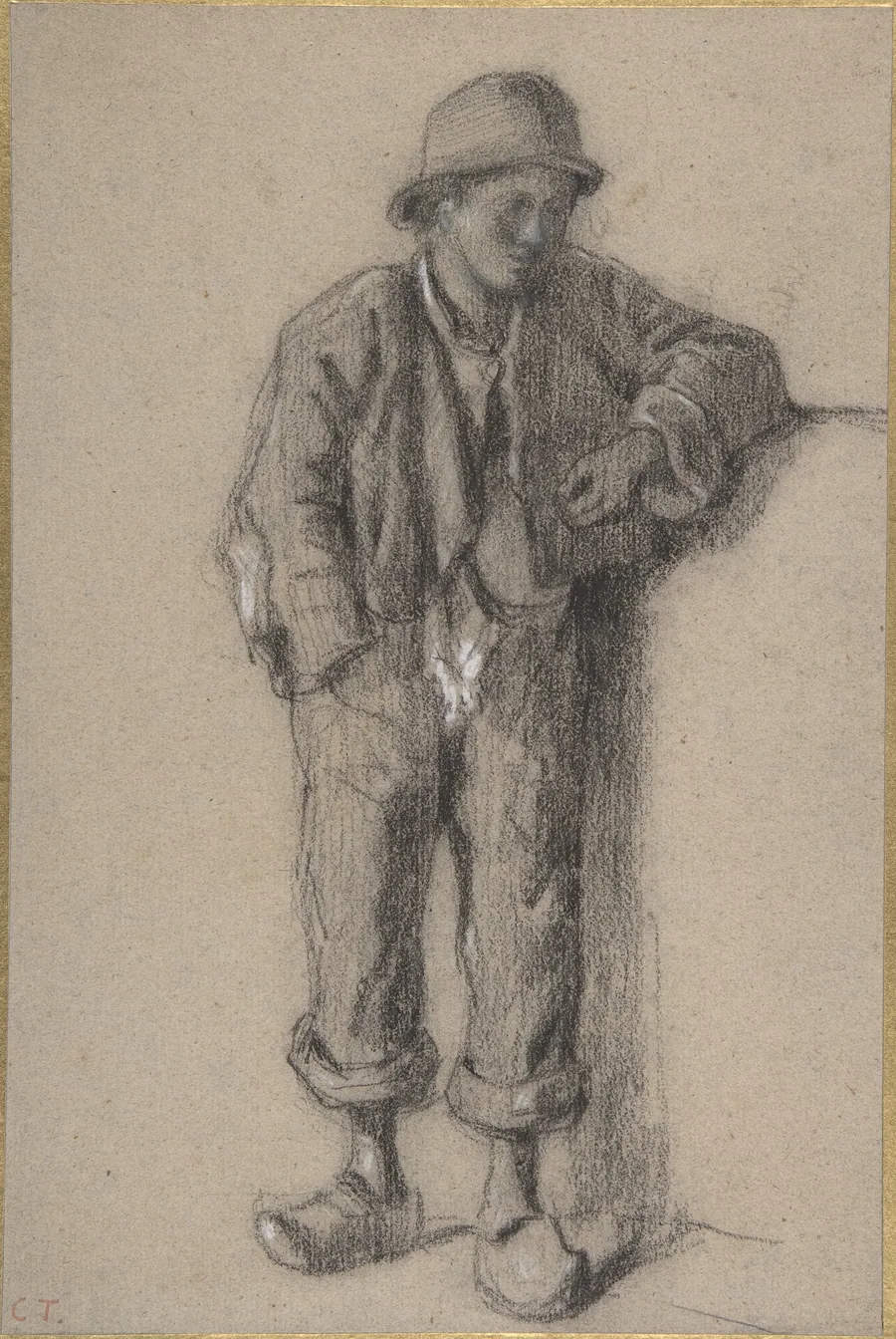 A Standing Peasant Boy in Hat and Wooden Shoes by Constant Troyon
