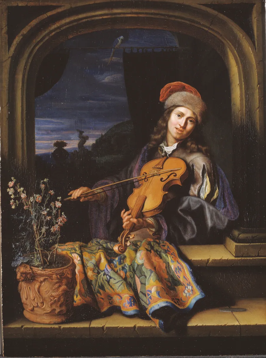 En violinspiller by Caspar Netscher