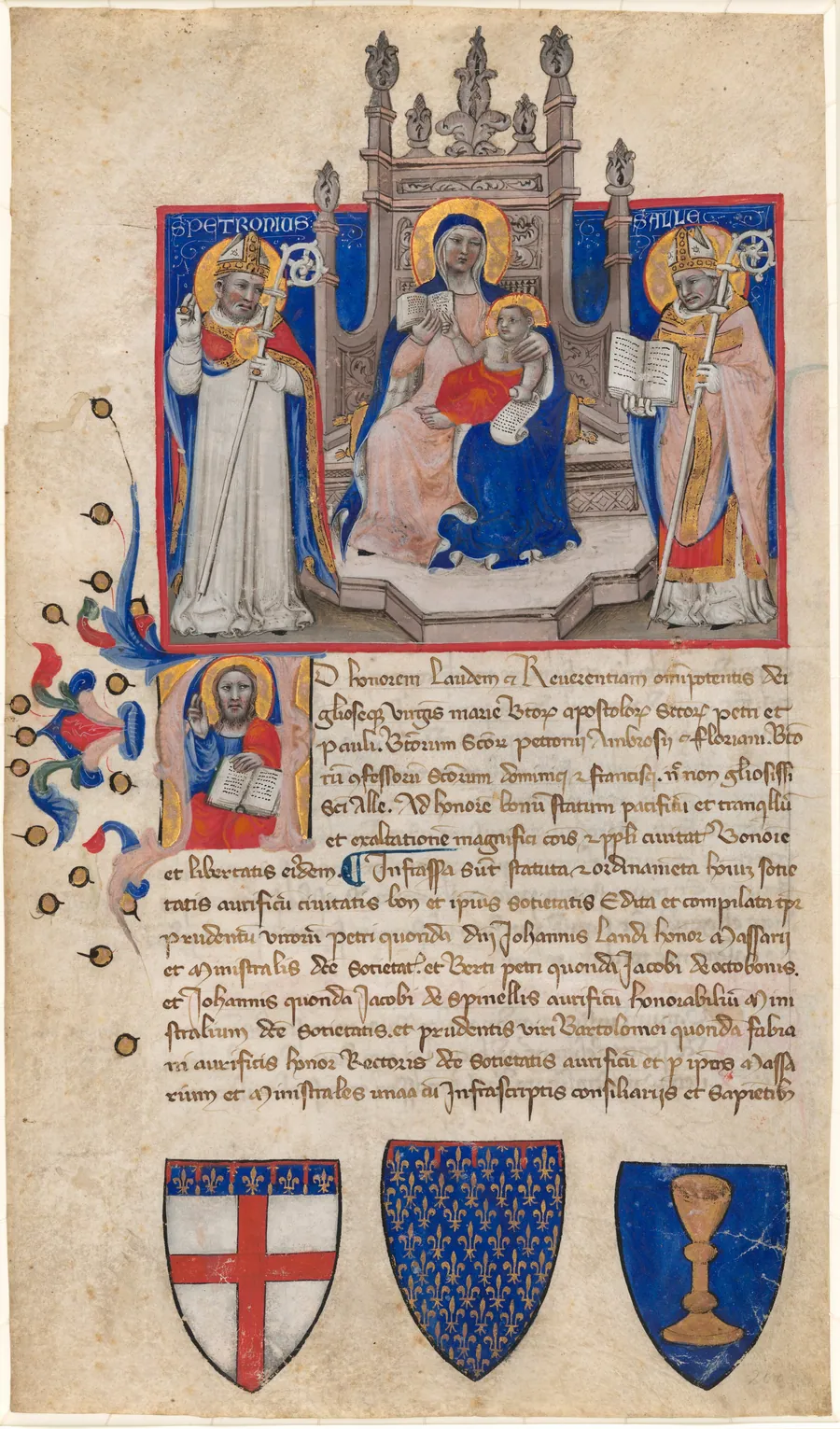 Madonna and Child Enthroned between Saints Petronius and Alle (Eligius); Christ in the Initial A by Niccolò di Giacomo da Bologna