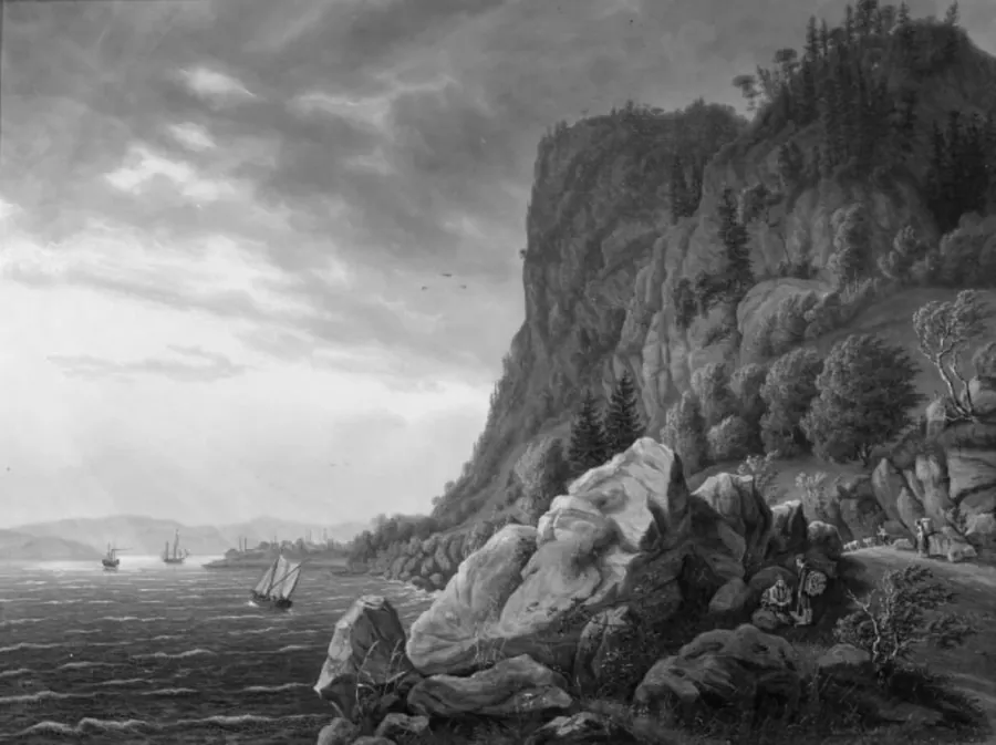 Indsejlingen til Holmestrand i Norge med vejen fra Drammen langs klippevæggen. Tidlig morgen by J.P. Møller