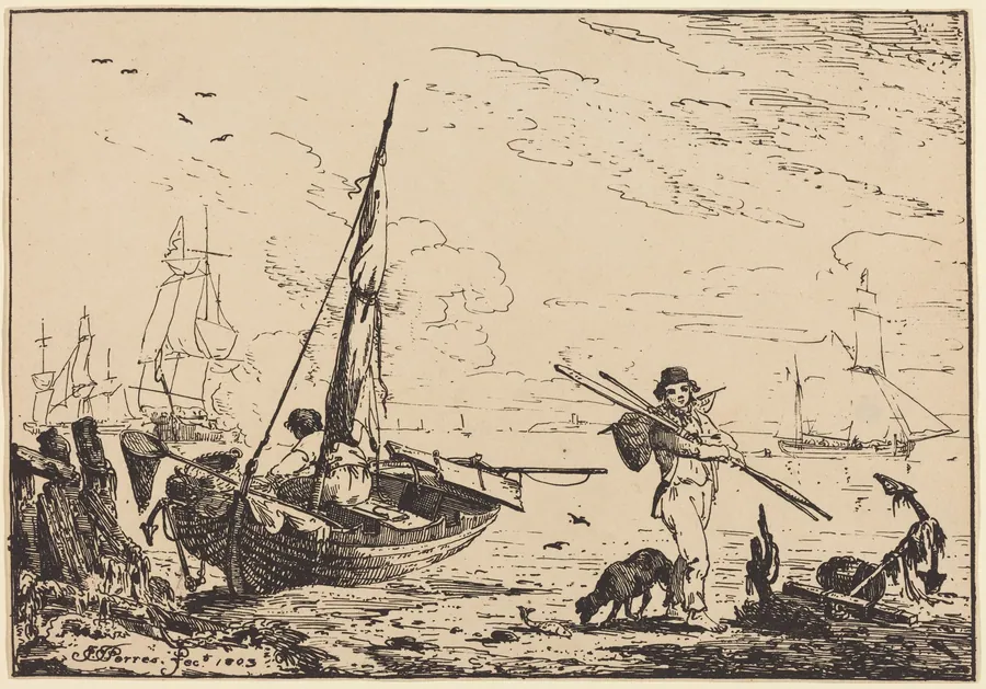 Marine: Fishing Boats on Shore, Man with Oars, Ship in Distance by John Thomas Serres
