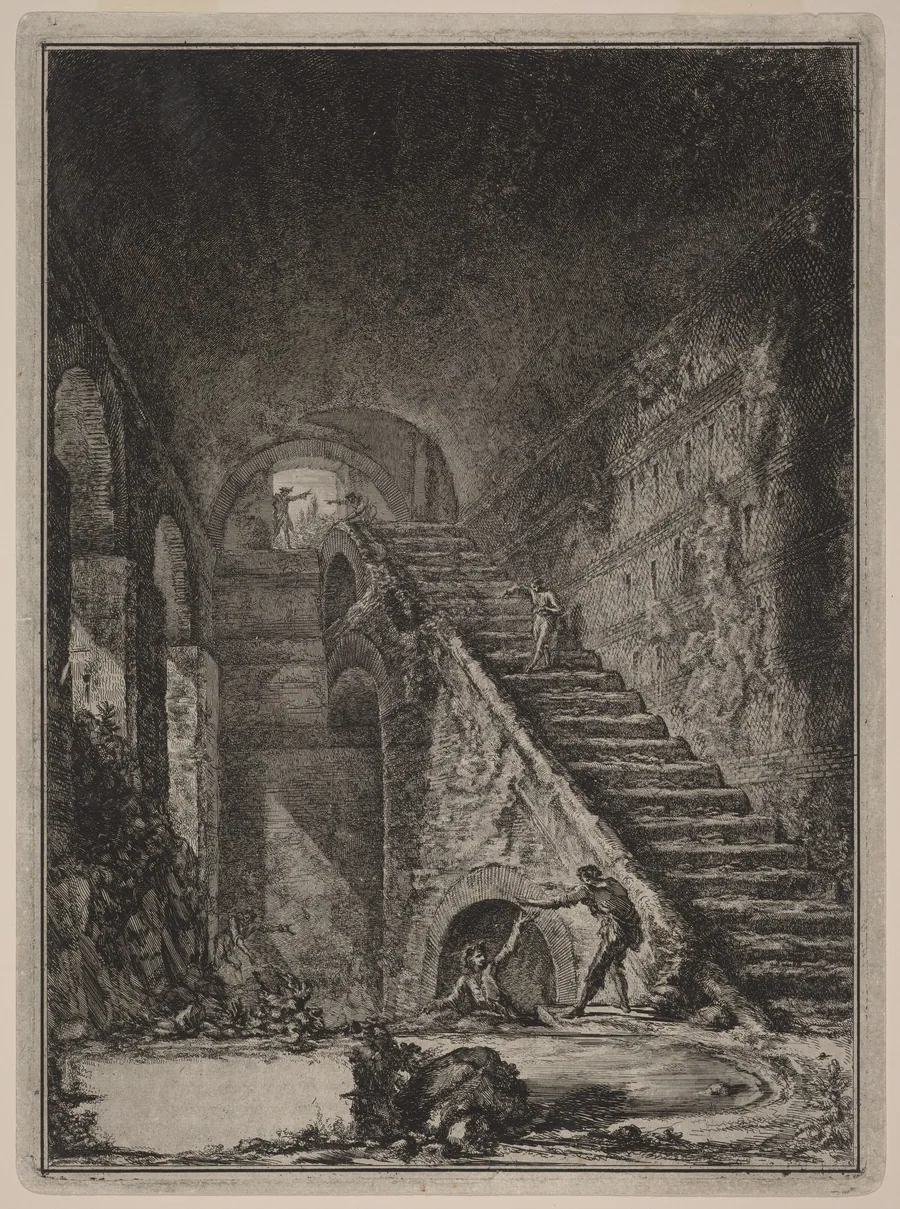 Prospettiva della Scala della conserva d'acqua de' già detti alloggiamenti, accennati in pianta nella Tav. XIII con la lett. G. by Giovanni Battista Piranesi