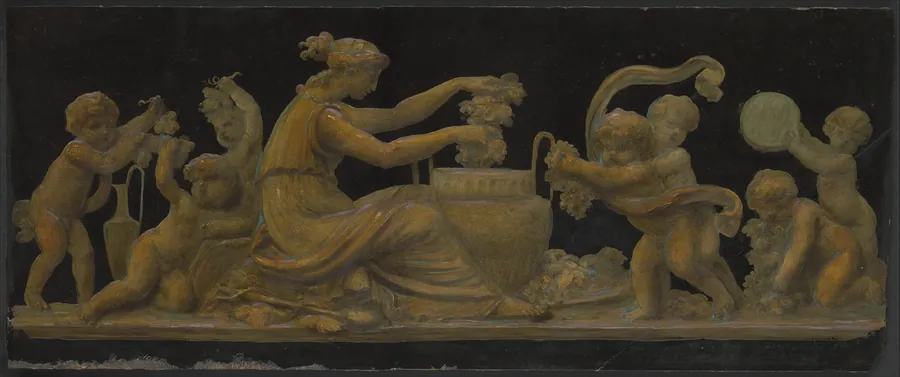 Nymph and Putti in a Vintage Scene; Nymph with a Wreath and Putti with Garlands of Flowers by Piat Joseph Sauvage