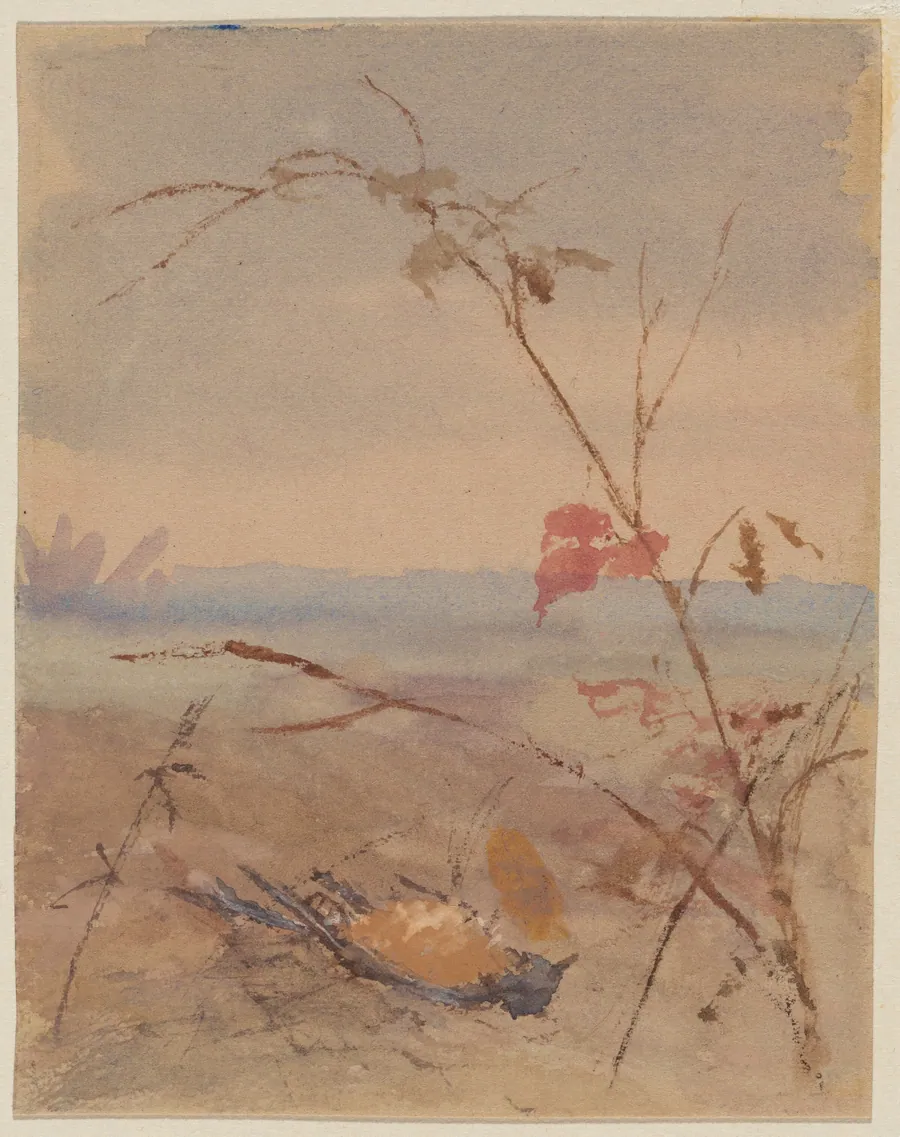Dead Yellow-breasted Bird in Autumn Landscape by Fidelia Bridges