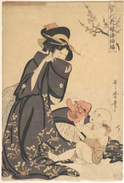 江戸の花 娘浄瑠璃|A Woman Playing with a Young Boy