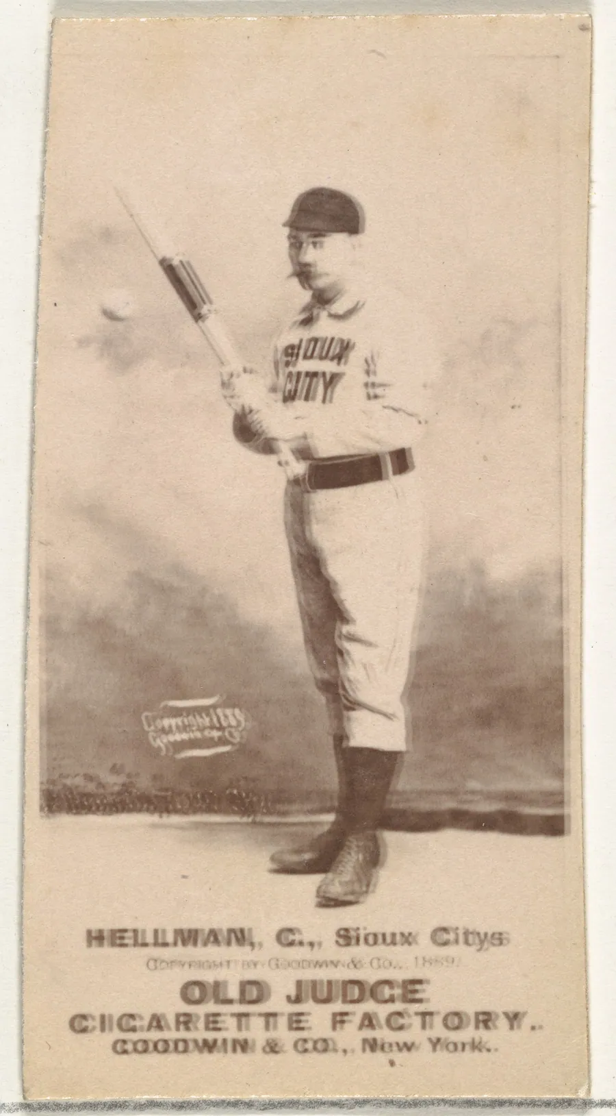 Anthony Joseph "Tony" Hellman, Catcher, Sioux City Corn Huskers, from the Old Judge series (N172) for Old Judge Cigarettes by Goodwin & Company