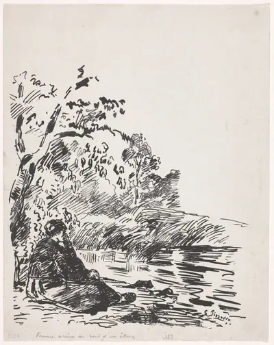 Woman Sitting by a Pond