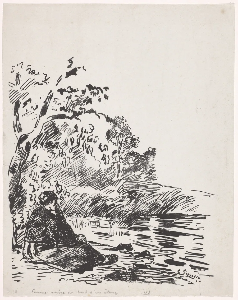 Woman Sitting by a Pond by Camille Pissarro