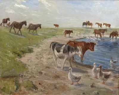 Kalve og gæs ved et vandhul. Saltholm
