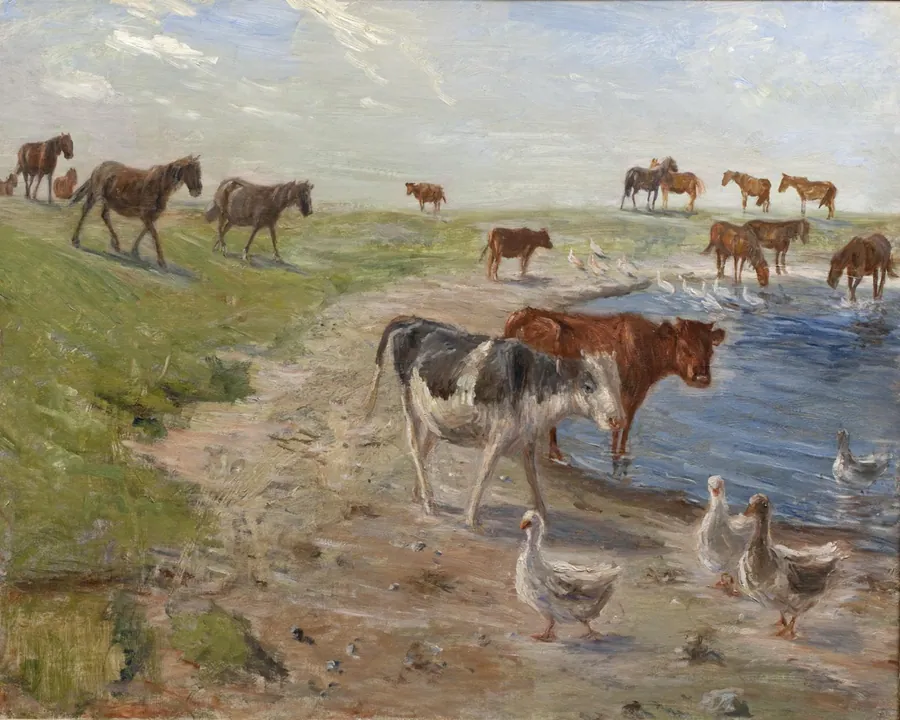 Kalve og gæs ved et vandhul. Saltholm by Theodor Philipsen