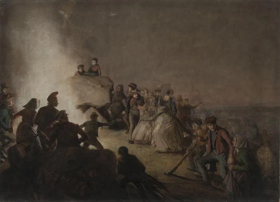 St. Hansaften. Bønder, som har tændt blus på en kæmpehøj, danser omkring ilden by Jørgen V. Sonne