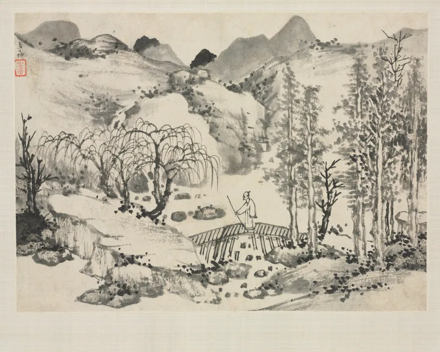 Landscape Album in Various Styles: Landscape with Artist on a Bridge by Zha Shibiao