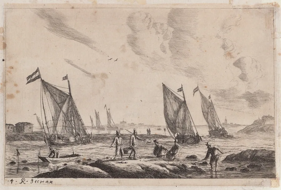 View of Inland Waterway with Fishermen by Reinier Nooms, called Zeeman