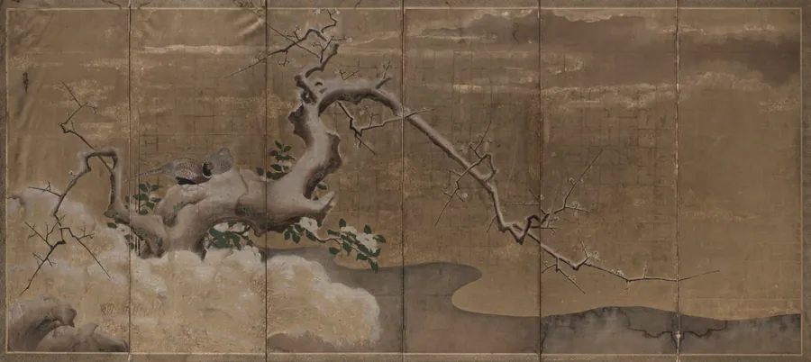 Winter Scene with Plum Trees and Pheasants (Birds Right) by Kano Naonobu