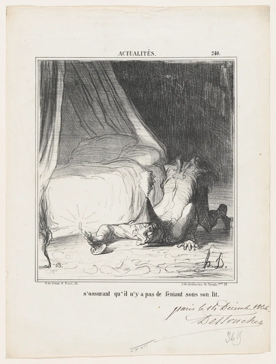 Making sure that there is no Fenian under his bed, from 'News of the day,' published in Le Charivari, December 21, 1866 by Destouches