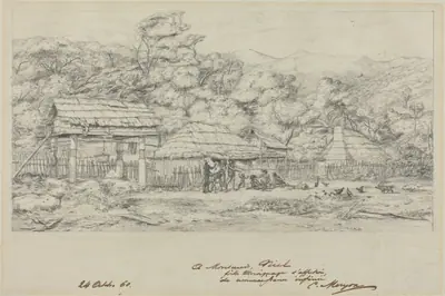 Greniers indigenes et habitations a Akaroa, presqu'Ile de Banks
